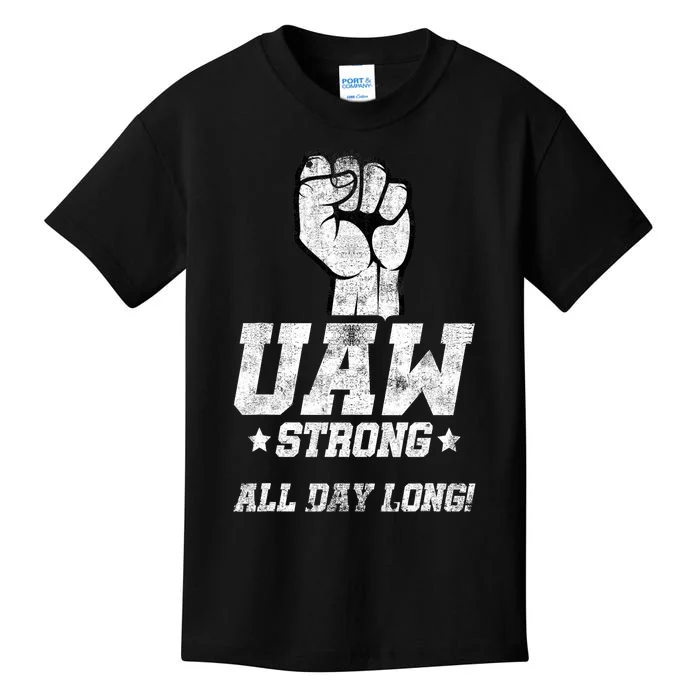 UAW Strong All Day Long UAW Strike Red Tee_ United Auto Workers Picket Sign Kids T-Shirt