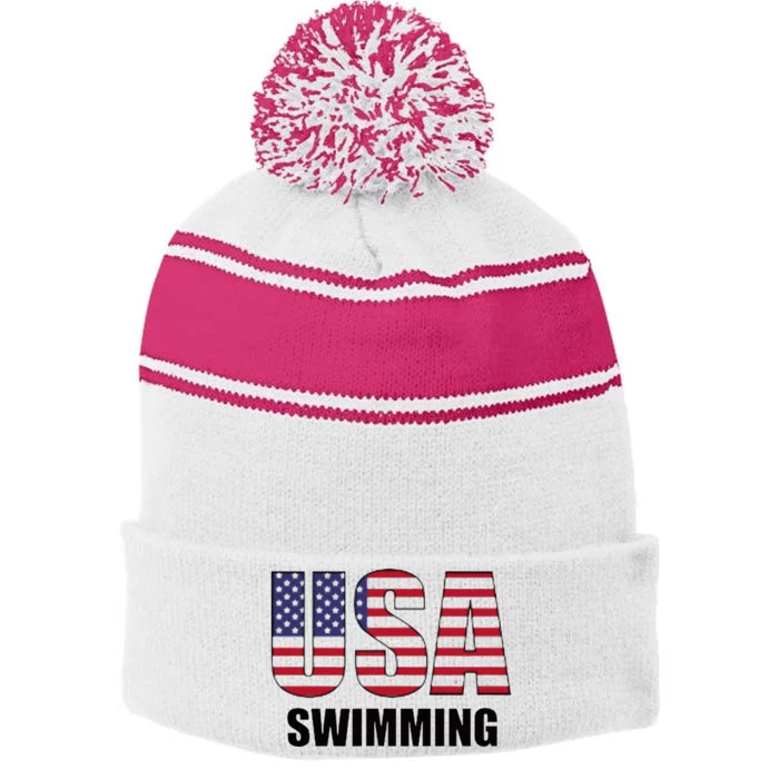 Usa Swimming American Flag Team Sport Support Stripe Pom Pom Beanie