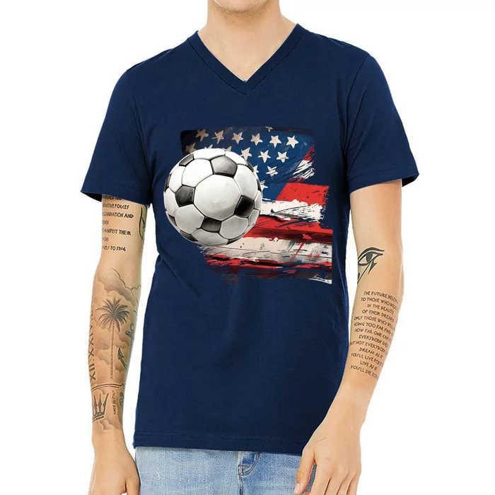 Usa Soccer Ball And Flag V-Neck T-Shirt