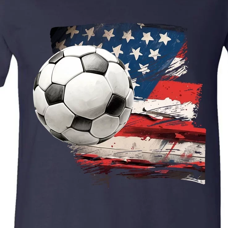 Usa Soccer Ball And Flag V-Neck T-Shirt