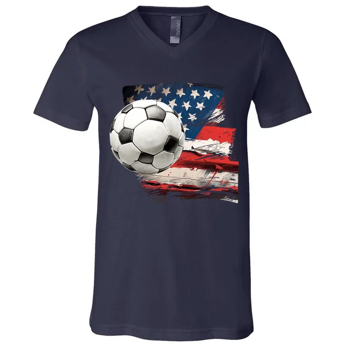 Usa Soccer Ball And Flag V-Neck T-Shirt