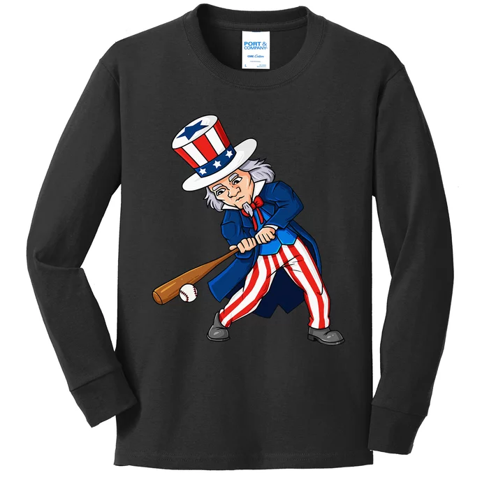 Uncle Sam Baseball 4th Of July Patriotic Kids Teens Kids Long Sleeve Shirt