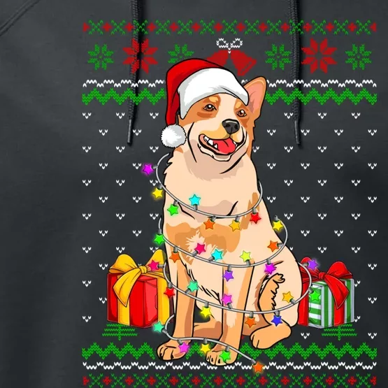 Ugly Sweater Christmas Lights Australian Cattle Dog Lover Performance Fleece Hoodie