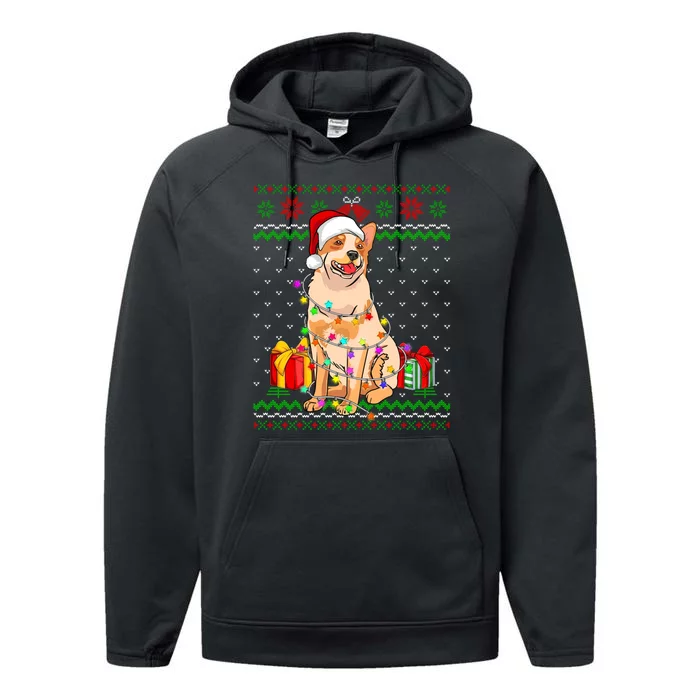 Ugly Sweater Christmas Lights Australian Cattle Dog Lover Performance Fleece Hoodie