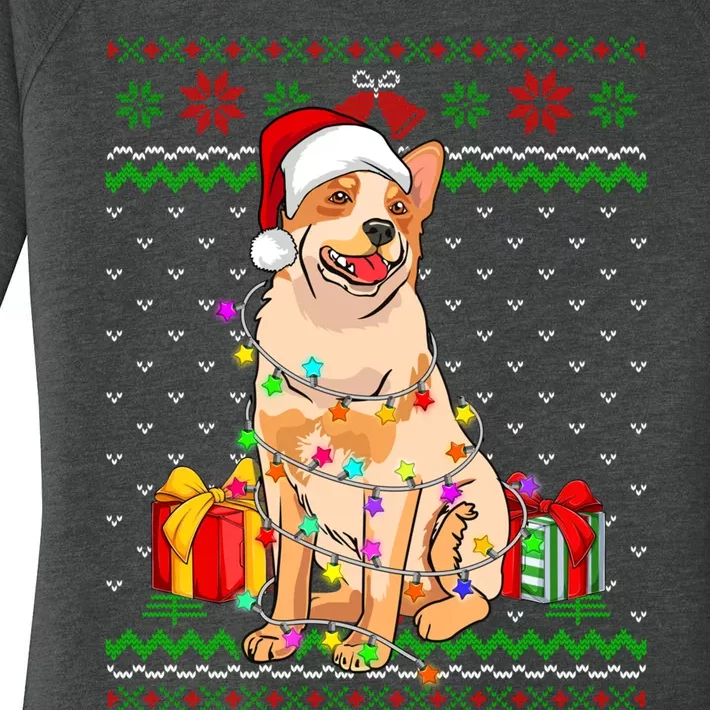 Ugly Sweater Christmas Lights Australian Cattle Dog Lover Women's Perfect Tri Tunic Long Sleeve Shirt