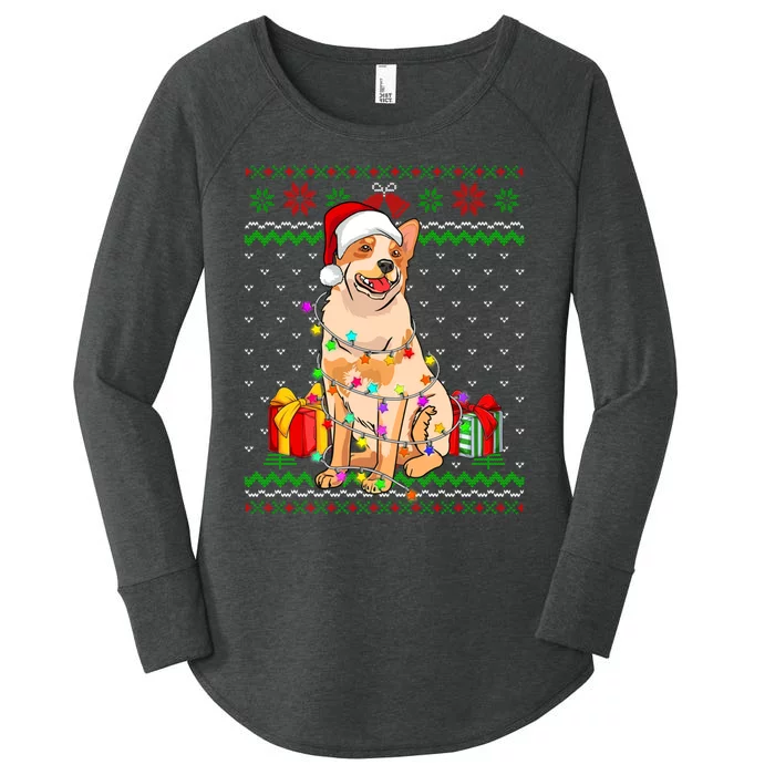 Ugly Sweater Christmas Lights Australian Cattle Dog Lover Women's Perfect Tri Tunic Long Sleeve Shirt