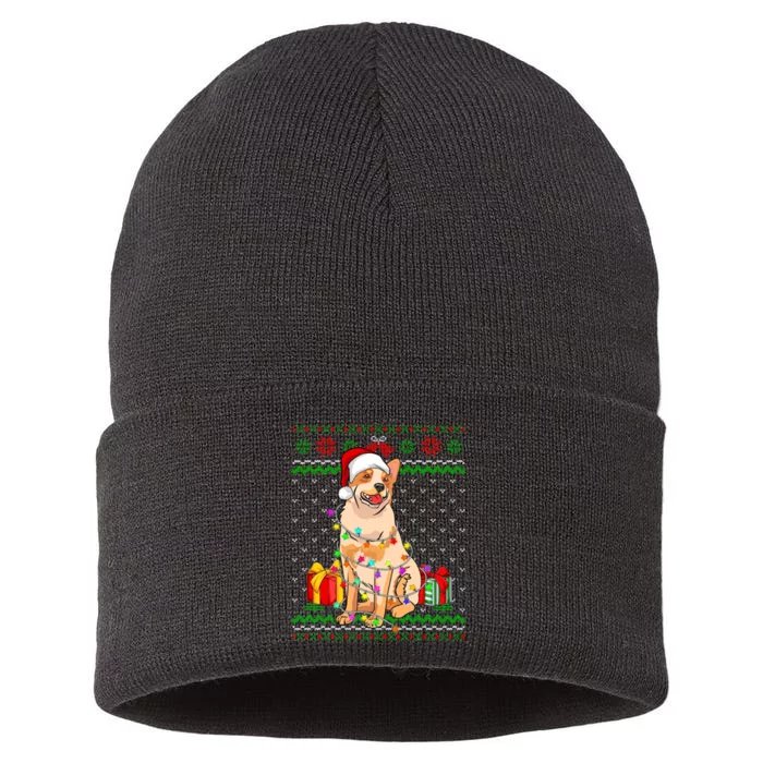 Ugly Sweater Christmas Lights Australian Cattle Dog Lover Sustainable Knit Beanie