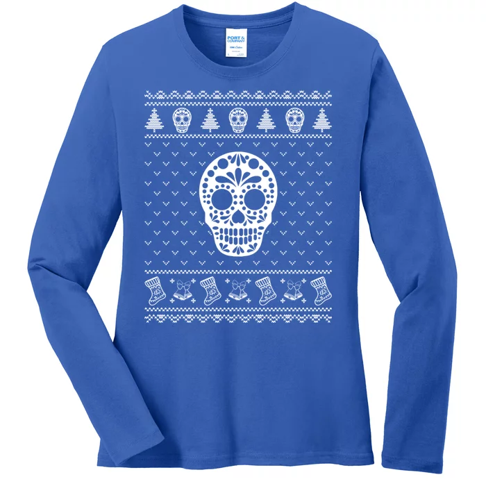 Ugly Sweater Christmas Holiday Design Funny Sugar Skull Xmas Ladies Long Sleeve Shirt