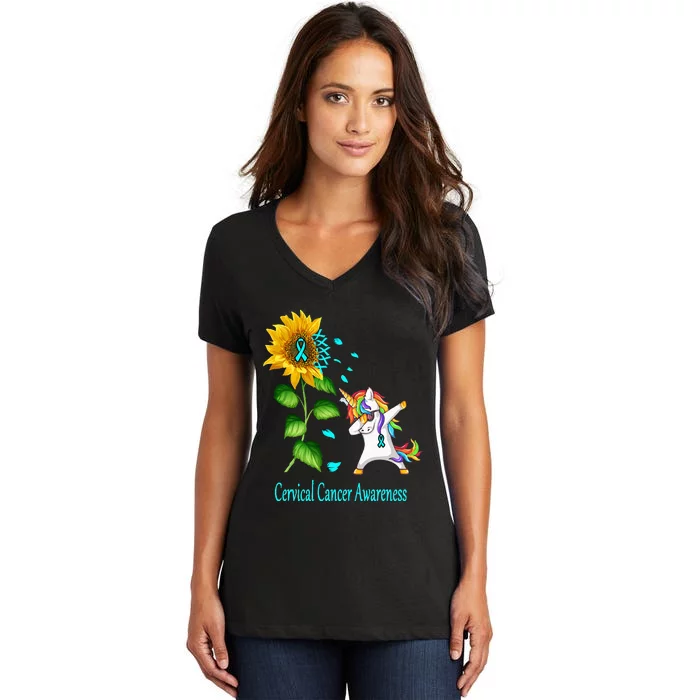 Unicorn SunFlower Cervical Cancer Awareness Women's V-Neck T-Shirt