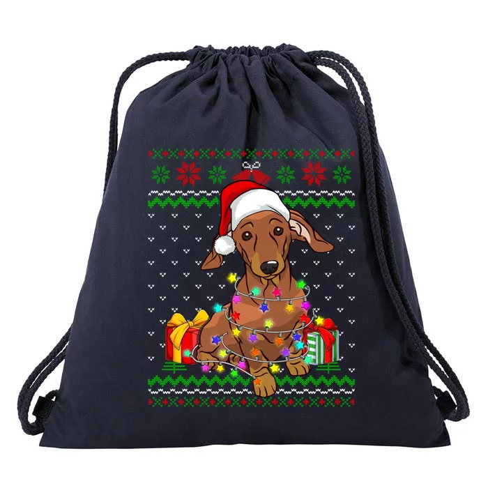 Ugly Sweater Christmas Lights Dachshund Dog Lover Drawstring Bag