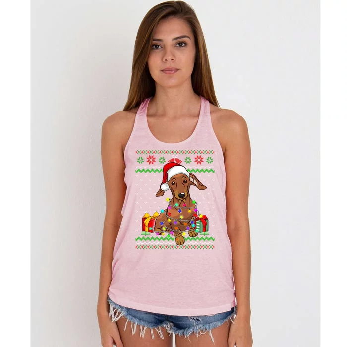 Ugly Sweater Christmas Lights Dachshund Dog Lover Women's Knotted Racerback Tank