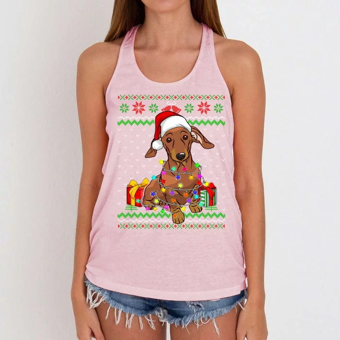 Ugly Sweater Christmas Lights Dachshund Dog Lover Women's Knotted Racerback Tank