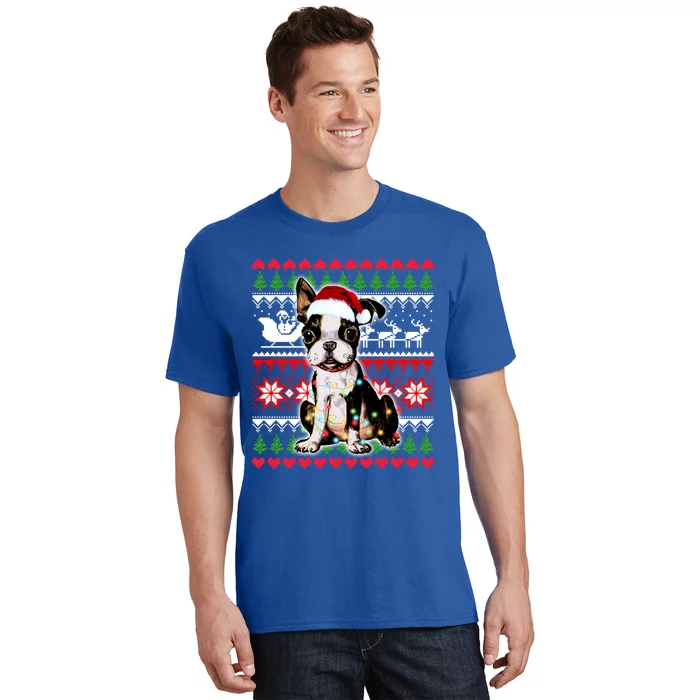 Ugly Sweater Christmas Lights Boston Terrier Dog Lover Gift T-Shirt