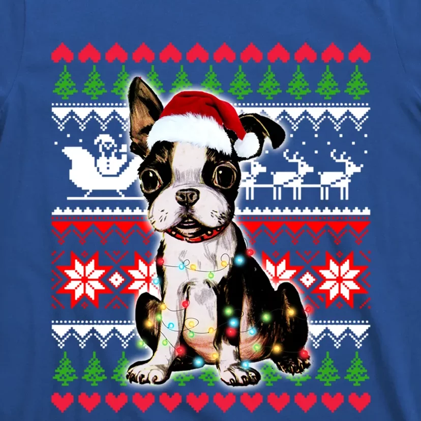 Ugly Sweater Christmas Lights Boston Terrier Dog Lover Gift T-Shirt