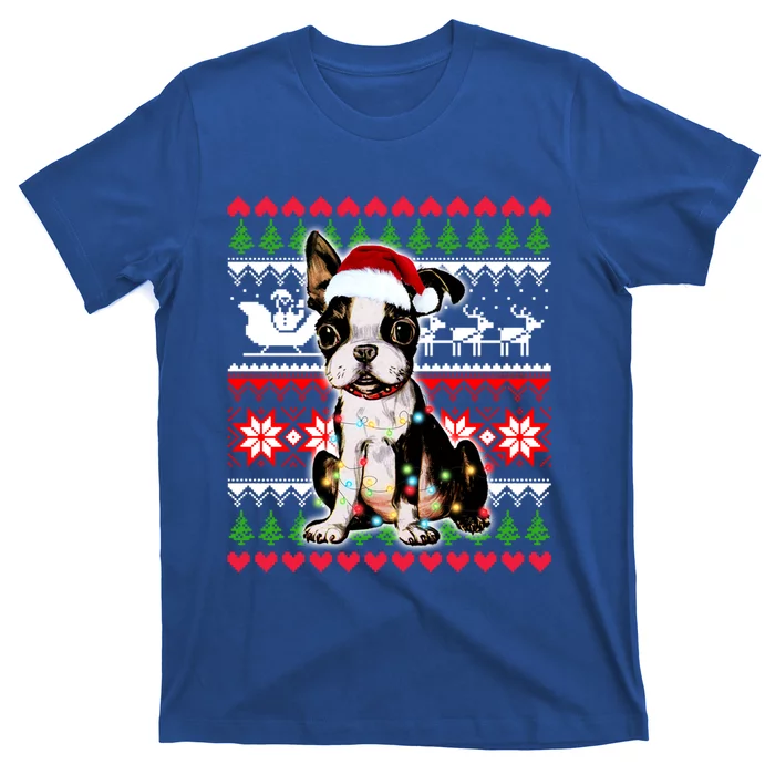 Ugly Sweater Christmas Lights Boston Terrier Dog Lover Gift T-Shirt