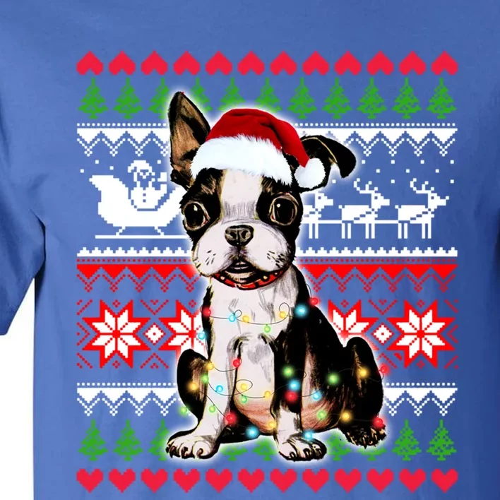 Ugly Sweater Christmas Lights Boston Terrier Dog Lover Gift Tall T-Shirt