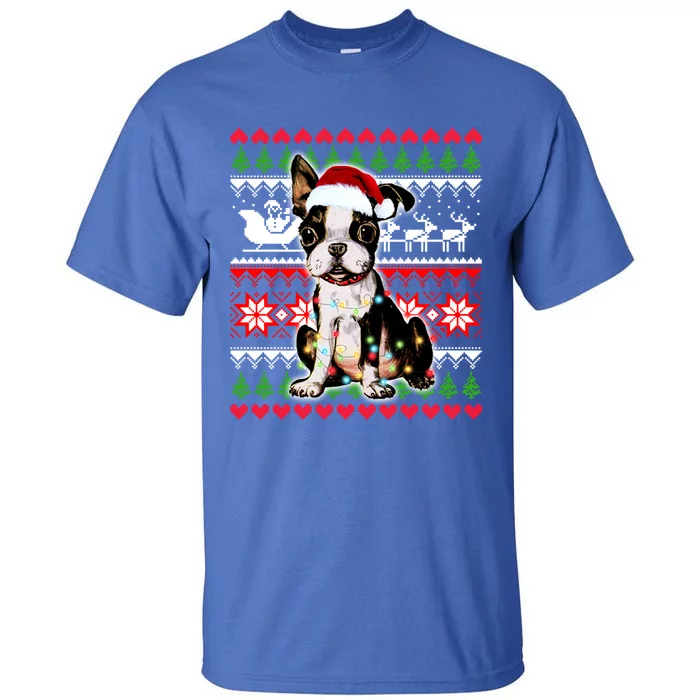 Ugly Sweater Christmas Lights Boston Terrier Dog Lover Gift Tall T-Shirt