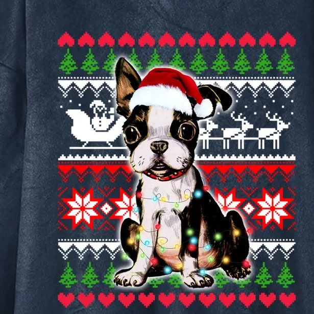 Ugly Sweater Christmas Lights Boston Terrier Dog Lover Gift Hooded Wearable Blanket