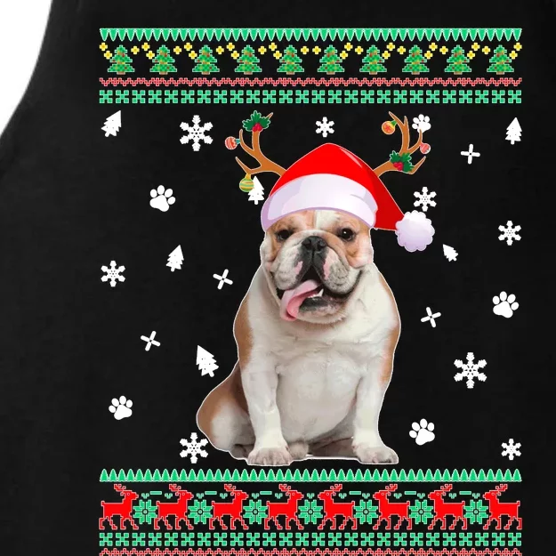 Ugly Sweater Christmas English Bulldog Dog Santa Reindeer Long Sleeve Ladies Tri-Blend Wicking Tank