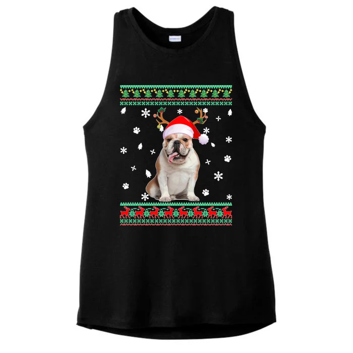 Ugly Sweater Christmas English Bulldog Dog Santa Reindeer Long Sleeve Ladies Tri-Blend Wicking Tank