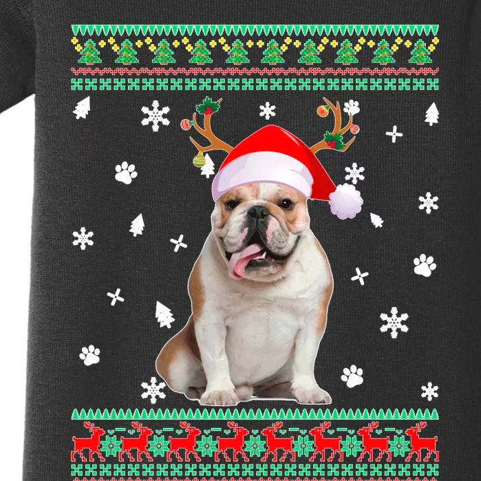 Ugly Sweater Christmas English Bulldog Dog Santa Reindeer Long Sleeve Baby Bodysuit