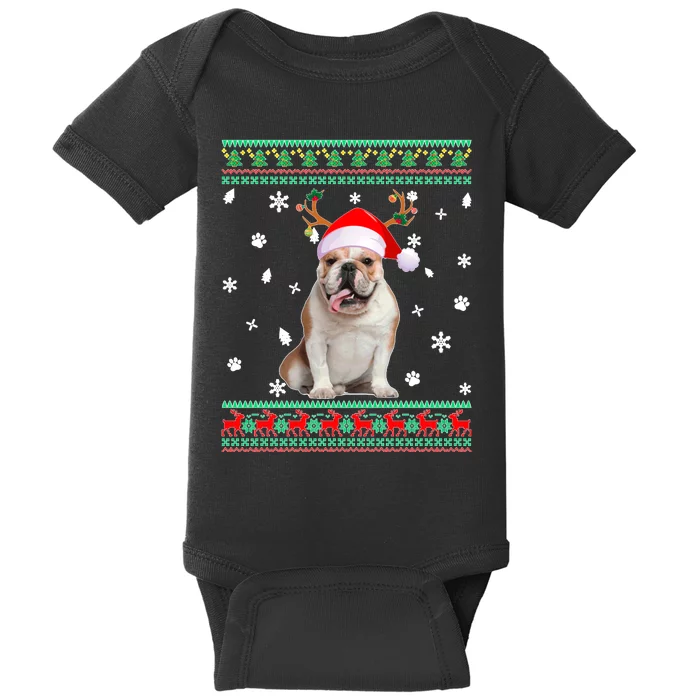 Ugly Sweater Christmas English Bulldog Dog Santa Reindeer Long Sleeve Baby Bodysuit