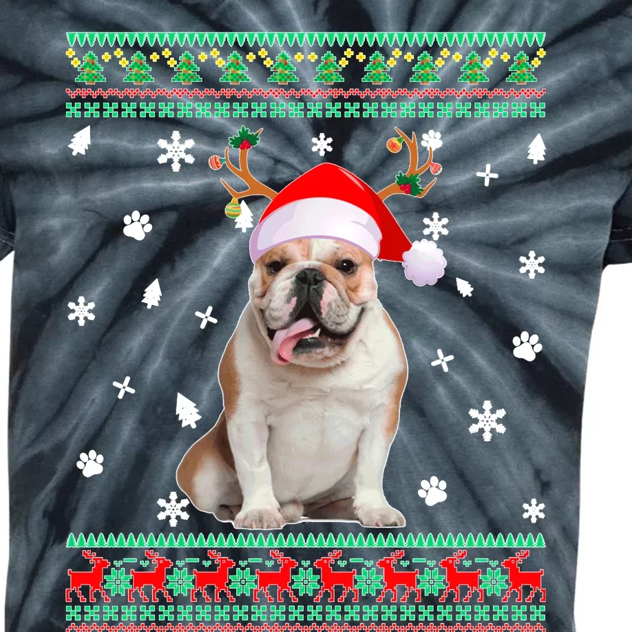 Ugly Sweater Christmas English Bulldog Dog Santa Reindeer Long Sleeve Kids Tie-Dye T-Shirt