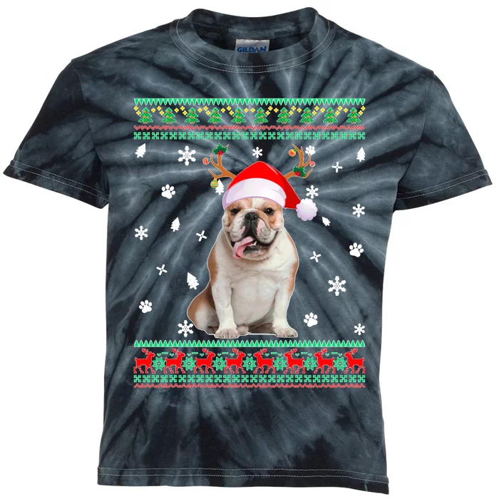 Ugly Sweater Christmas English Bulldog Dog Santa Reindeer Long Sleeve Kids Tie-Dye T-Shirt