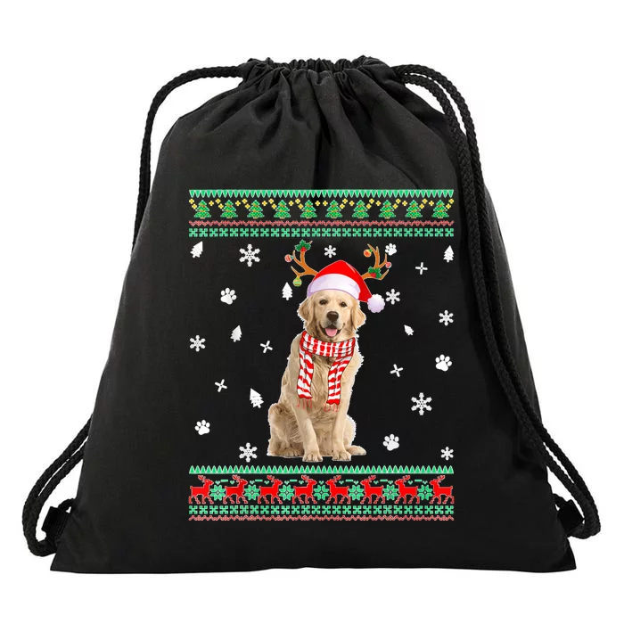 Ugly Sweater Christmas Golden Retriever Dog Santa Reindeer Drawstring Bag