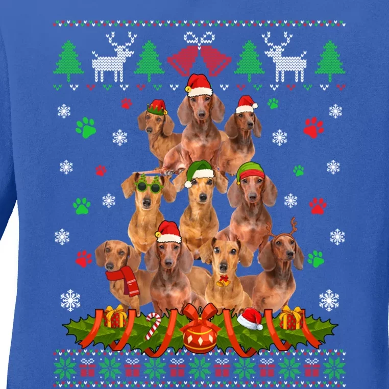 Ugly Sweater Christmas Tree Dachshund Dog Xmas Pajama Gift Ladies Long Sleeve Shirt