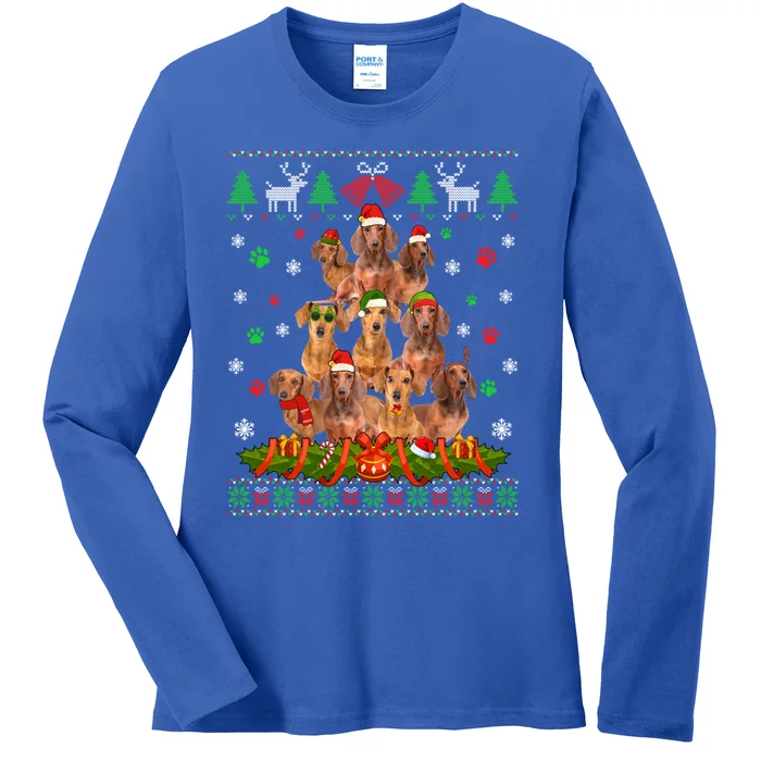 Ugly Sweater Christmas Tree Dachshund Dog Xmas Pajama Gift Ladies Long Sleeve Shirt