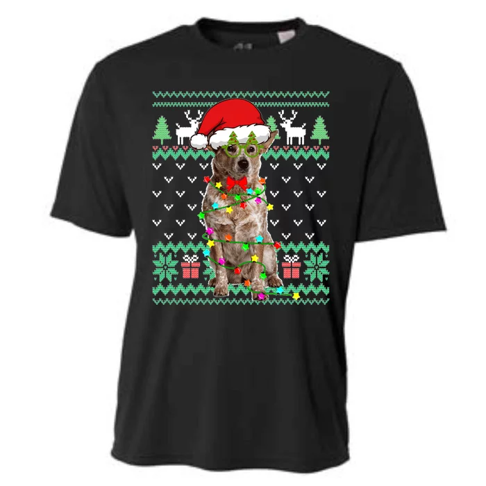 Ugly Sweater Christmas Lights Australian Cattle Dog Puppy Long Sleeve Cooling Performance Crew T-Shirt