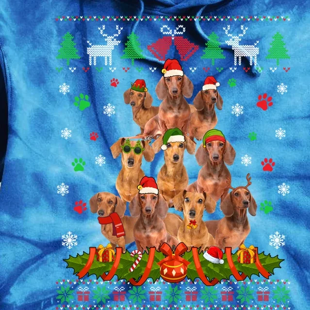 Ugly Sweater Christmas Tree Dachshund Dog Xmas Pajama Gift Tie Dye Hoodie