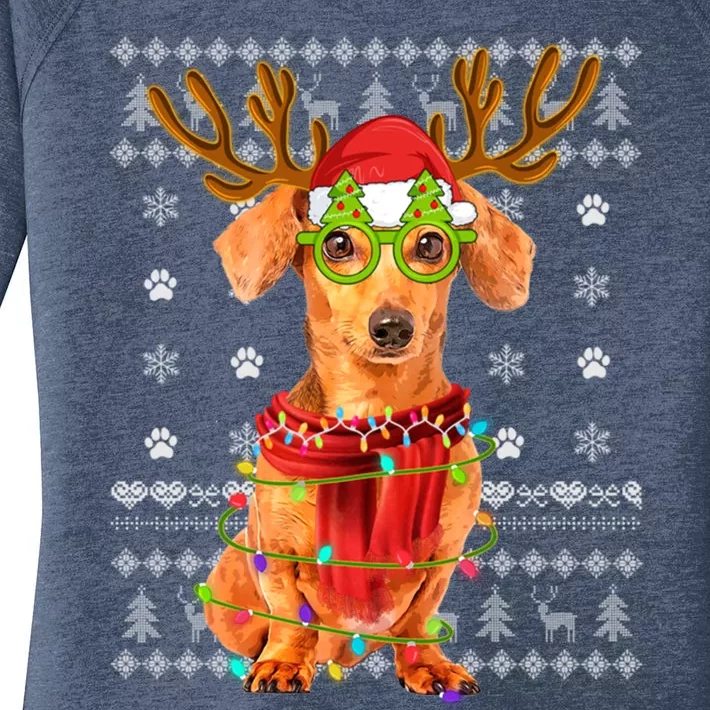 Ugly Sweater Christmas Lights Dachshund Dog Puppy Lover Xmas Gift Women's Perfect Tri Tunic Long Sleeve Shirt