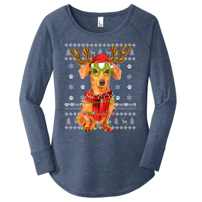 Ugly Sweater Christmas Lights Dachshund Dog Puppy Lover Xmas Gift Women's Perfect Tri Tunic Long Sleeve Shirt