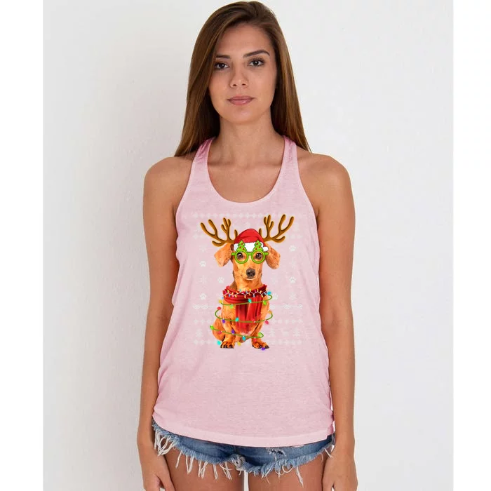 Ugly Sweater Christmas Lights Dachshund Dog Puppy Lover Xmas Gift Women's Knotted Racerback Tank