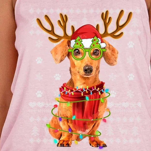 Ugly Sweater Christmas Lights Dachshund Dog Puppy Lover Xmas Gift Women's Knotted Racerback Tank