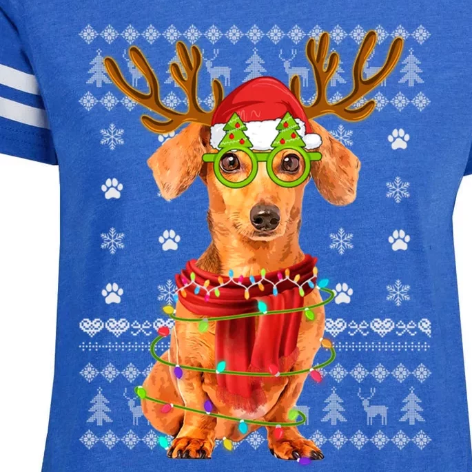 Ugly Sweater Christmas Lights Dachshund Dog Puppy Lover Xmas Gift Enza Ladies Jersey Football T-Shirt