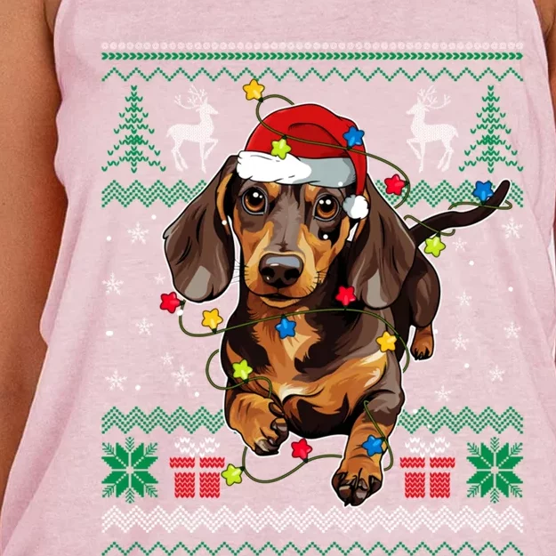 Ugly Sweater Christmas Lights Dachshund Dog Puppy Lover Long Gift Women's Knotted Racerback Tank