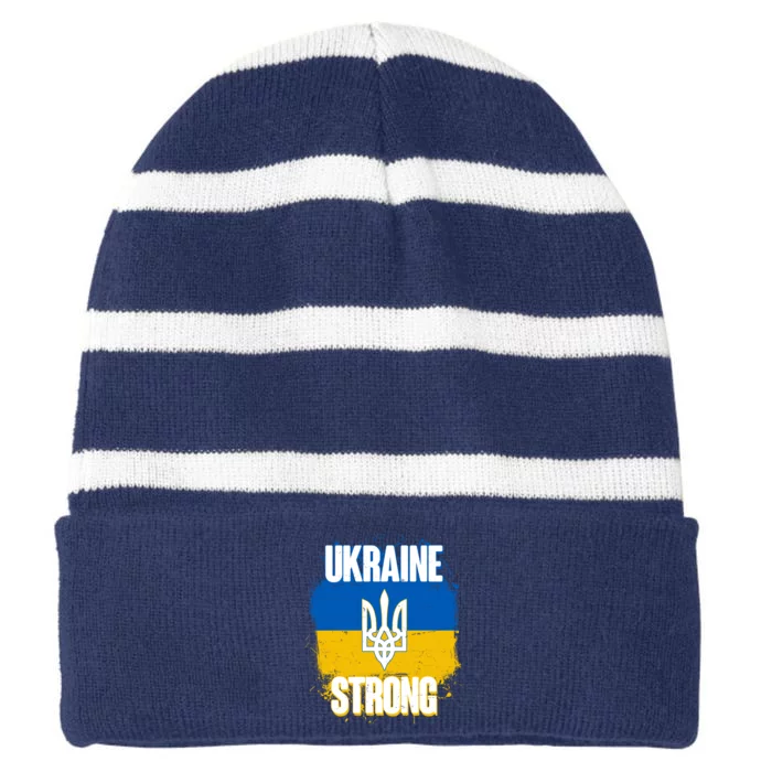 Ukraine Strong Distressed Painted Flag I Stand With Ukraine Striped Beanie with Solid Band