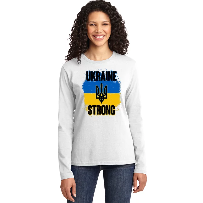 Ukraine Strong Distressed Painted Flag I Stand With Ukraine Ladies Long Sleeve Shirt