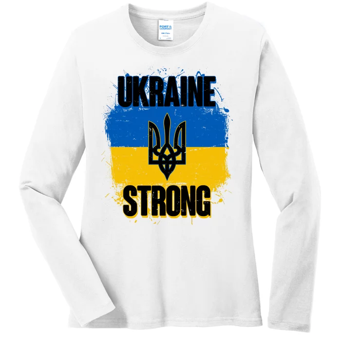 Ukraine Strong Distressed Painted Flag I Stand With Ukraine Ladies Long Sleeve Shirt