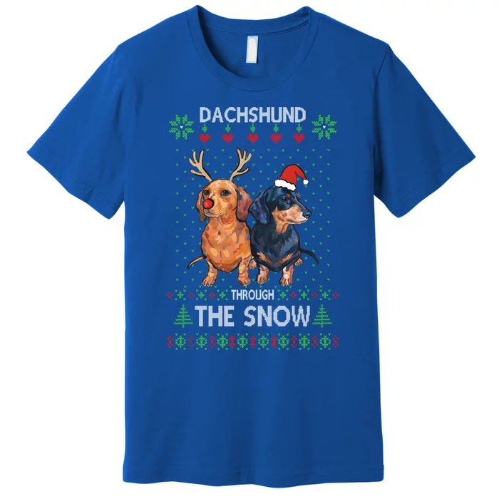 Ugly Sweater Dachshund Dog Through The Snow Merry Christmas Cute Gift Premium T-Shirt