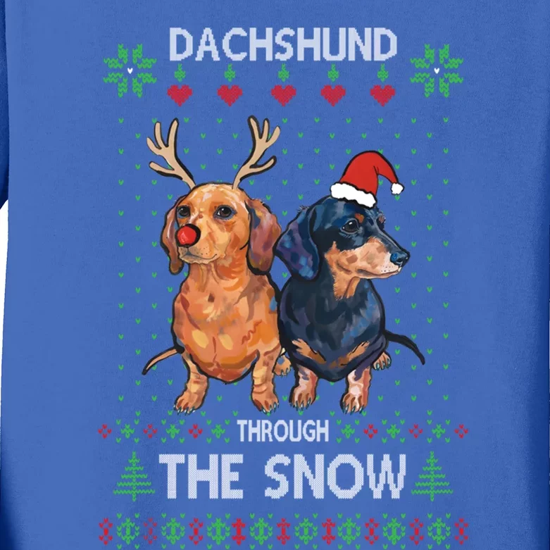 Ugly Sweater Dachshund Dog Through The Snow Merry Christmas Cute Gift Kids Long Sleeve Shirt