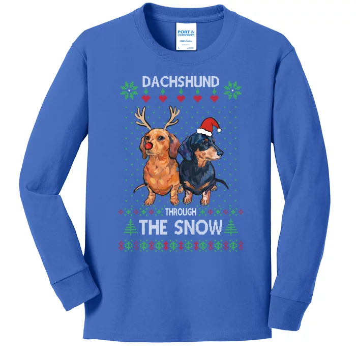 Ugly Sweater Dachshund Dog Through The Snow Merry Christmas Cute Gift Kids Long Sleeve Shirt