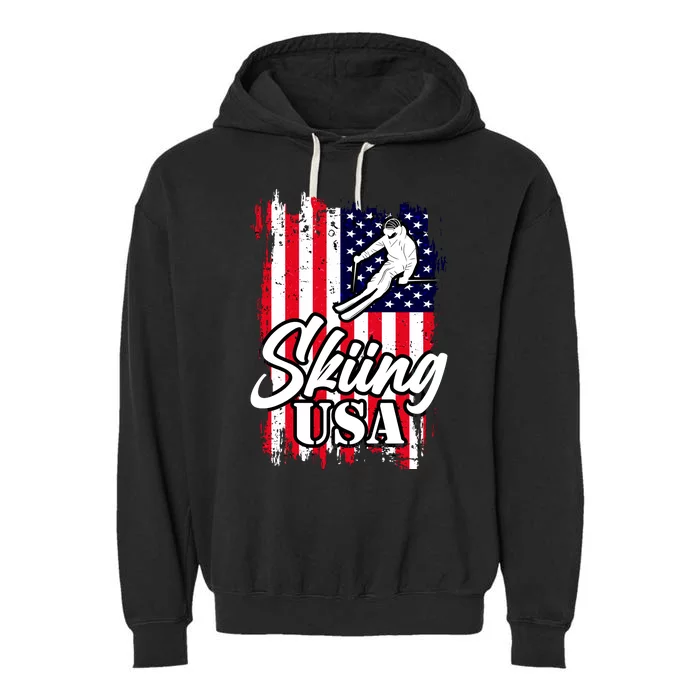 USA Skiing Flag Design Garment-Dyed Fleece Hoodie