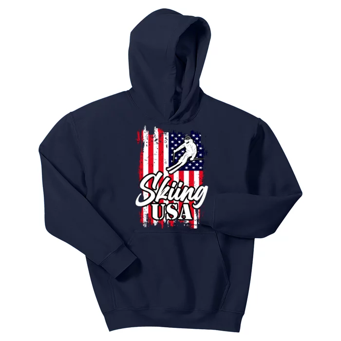 USA Skiing Flag Design Kids Hoodie