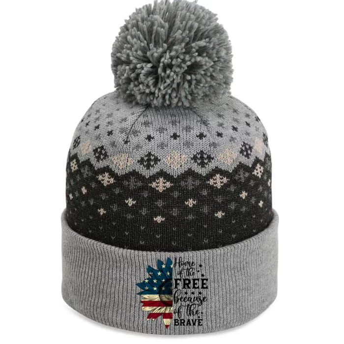 USA Sunflower Flag Home Of The Free Because Of The Brave The Baniff Cuffed Pom Beanie