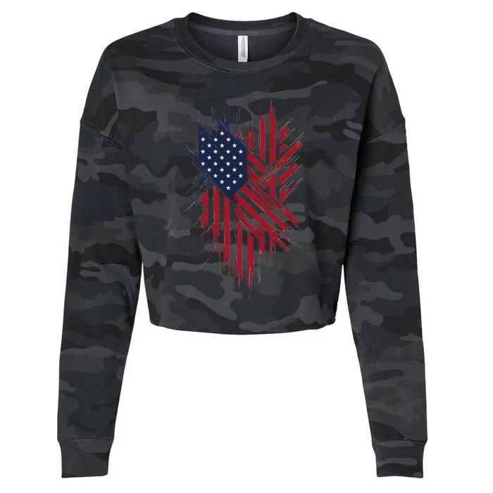 United States Flag Integrated With A Modern Artistic Twist Cropped Pullover Crew