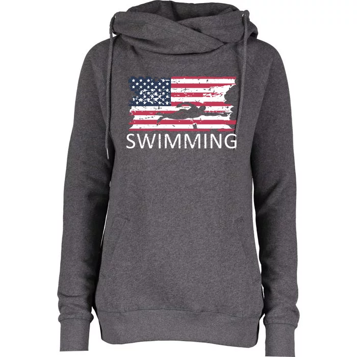 Usa Swimming Gift Distressed Us Flag Swimming Hoody Womens Funnel Neck Pullover Hood